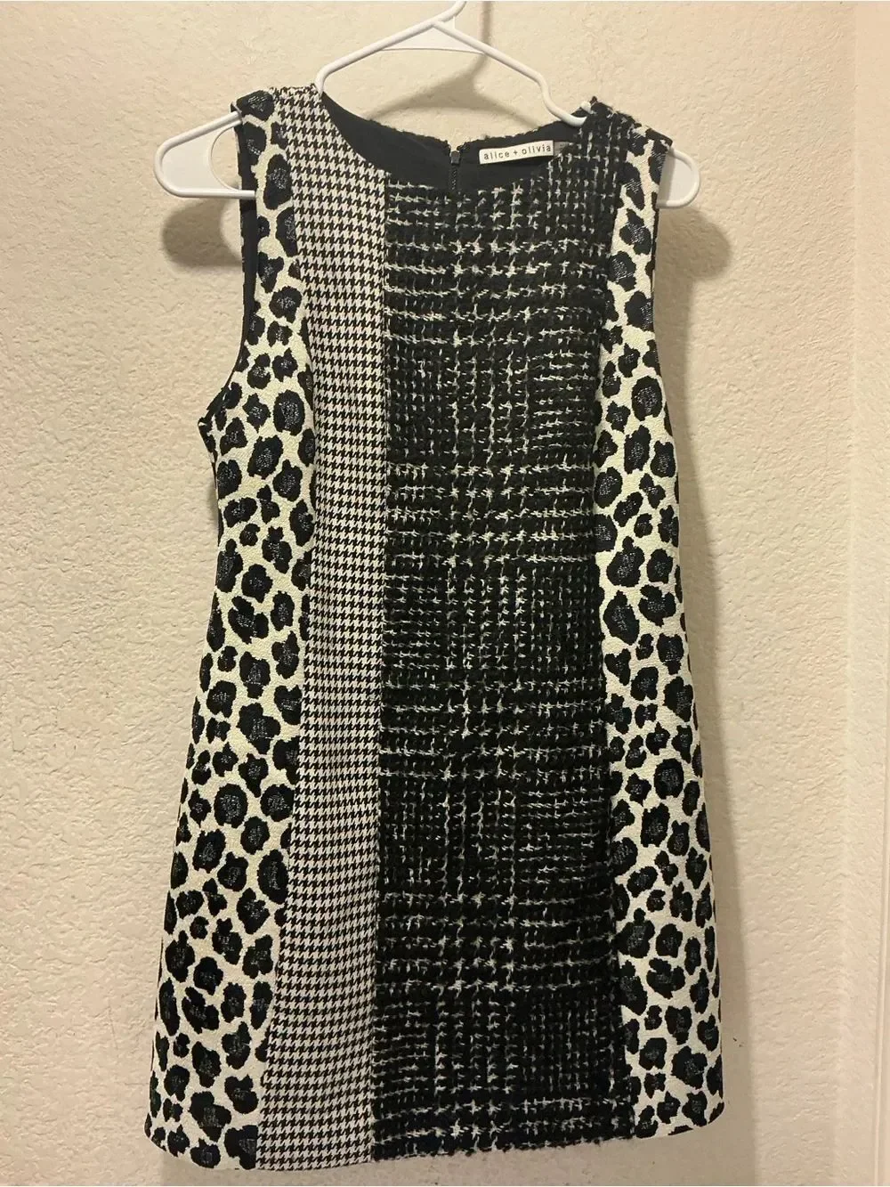 ALICE + OLIVIA Clyde wool-blend tweed, woven and leopard-jacquard dress Sz 4